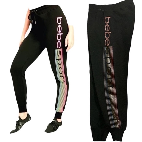 Bebe SPORT Scuba Joggers Drawstring Waistband Sparkling Leg Parachute Pants NEW - Picture 1 of 9
